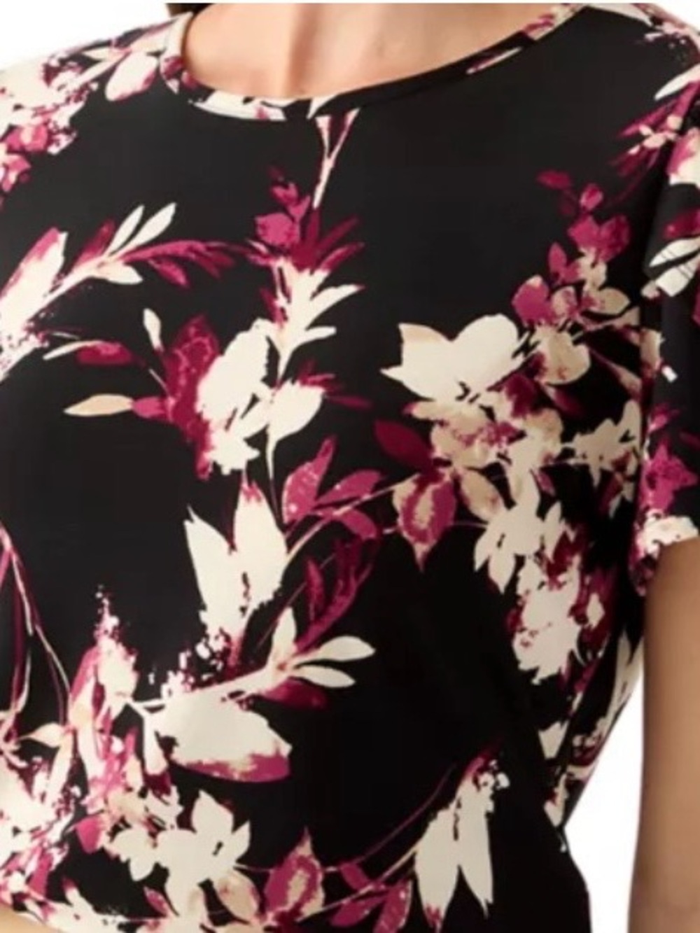 Calvin Klein Black Floral Blouse with Pink and Cream Blossom Print Size L